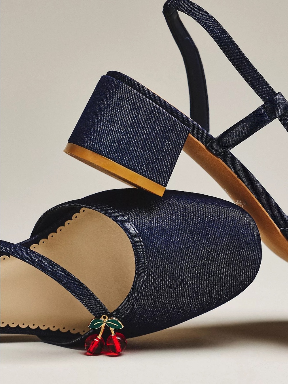 For Love & Lemons Navy Slingback Flats with Red Cherry Accent - Picture 3 of 10